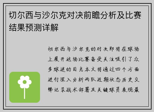 切尔西与沙尔克对决前瞻分析及比赛结果预测详解