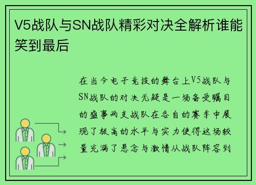 V5战队与SN战队精彩对决全解析谁能笑到最后