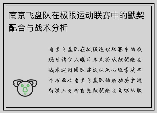 南京飞盘队在极限运动联赛中的默契配合与战术分析