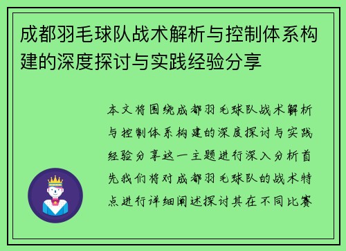 成都羽毛球队战术解析与控制体系构建的深度探讨与实践经验分享