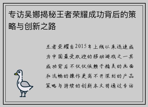 专访吴娜揭秘王者荣耀成功背后的策略与创新之路